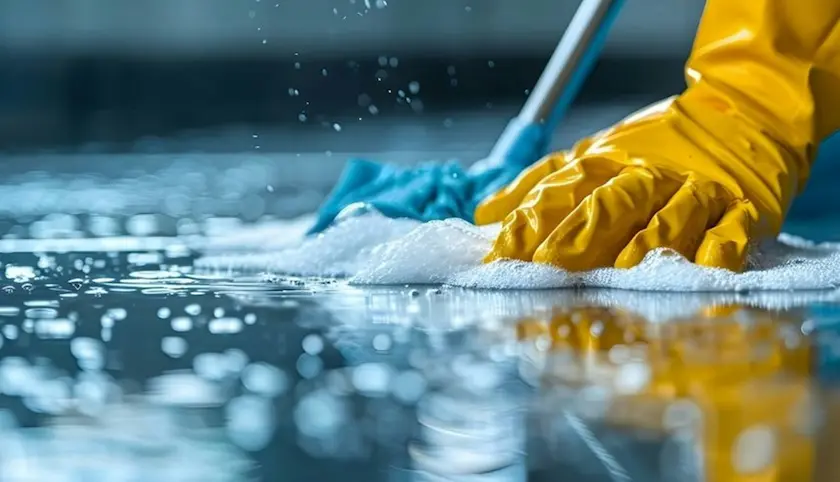 Profissional de limpeza usando luvas amarelas higienizando superfície com pano e produto de limpeza.