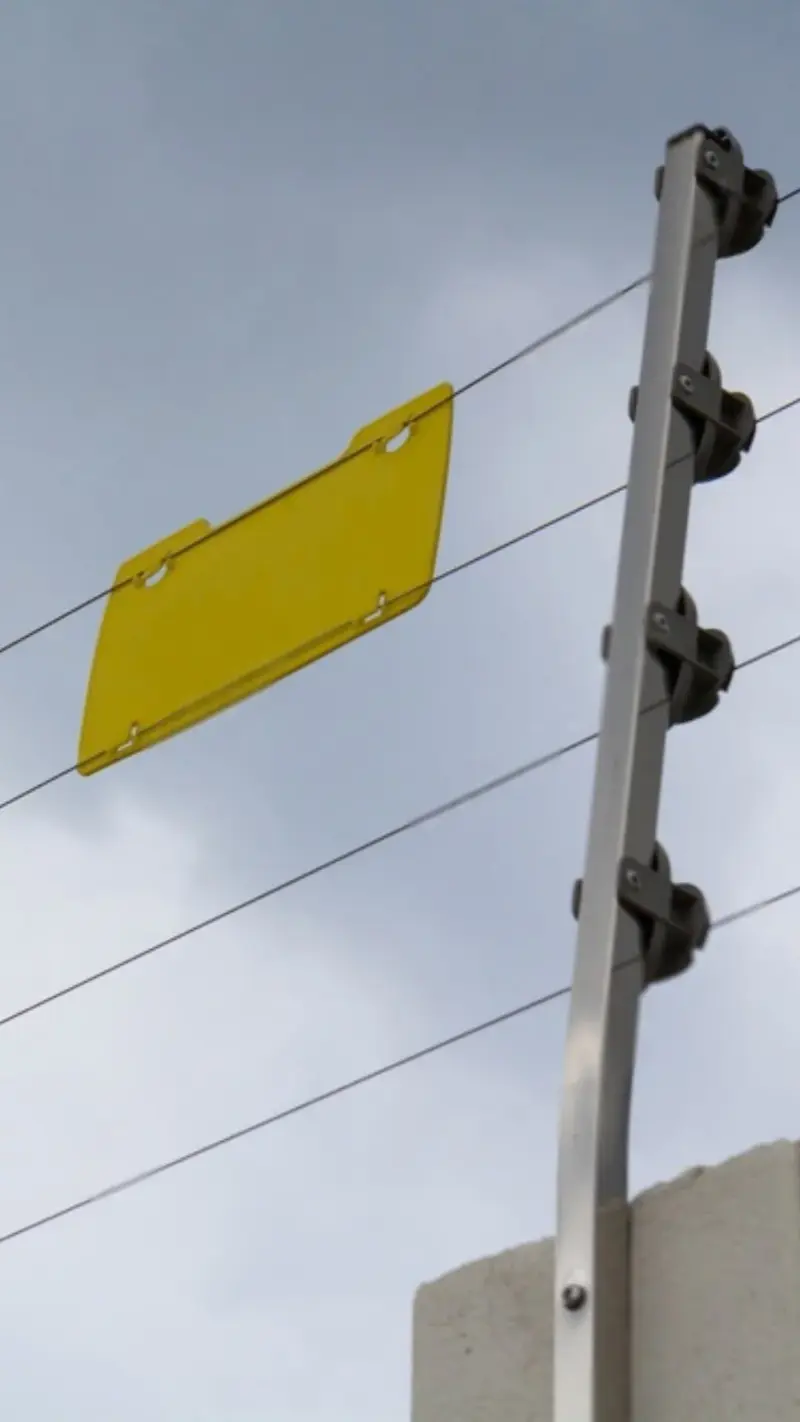 Isoladores brancos fixados na haste de uma cerca elétrica, com os fios tensionados acima do muro.